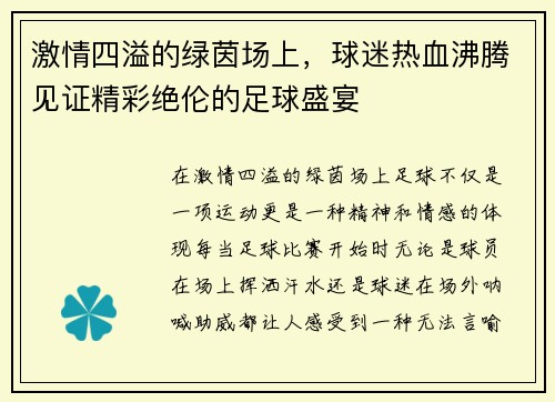 激情四溢的绿茵场上，球迷热血沸腾见证精彩绝伦的足球盛宴